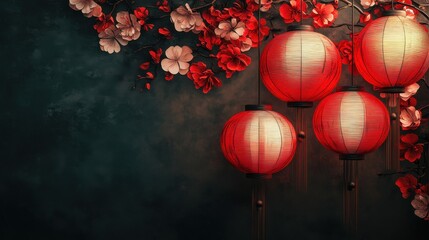 Fototapeta premium Digital Airbrushed Red Lanterns and Flowers: A China Punk Aesthetic