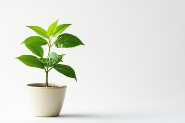 small potted plant with green leaves in ceramic pot placed on white background with ample space for text on right