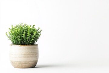 small potted plant with green leaves in ceramic pot placed on white background with ample space for text on right