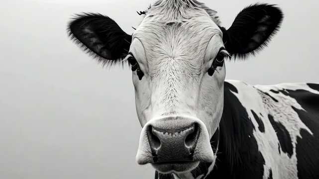 Close-up of a black and white cow in a foggy rural setting at dawn