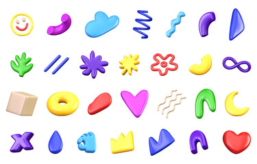 3D vector set of different abstract bright doodle shapes isolated on a white background. Variety of decorative multicolored bright design elements. Set in 3d plastic style