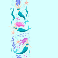 Seamless pattern with mermaids. Image of underwater wonders or fabulous creations.