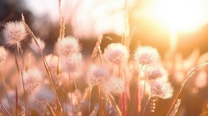 Soft focus of grass flowers with sunset light, peaceful and relax natural beauty,spring or summer flowers background / vintage toning nature landscape flowers,Summer colorful landscape ,lavender