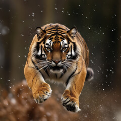Majestic Tiger Prowling Mid-Flight Through a Snowy Landscape, Capturing Every Detail of Its Powerful Movement and Intense Focus