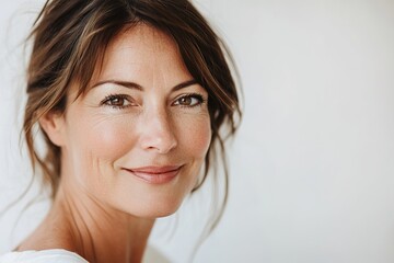 Naklejka premium close-up of woman in her 30s with soft smile and confident pose against softly blurred white background
