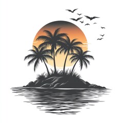 Tropical island sunset silhouette with palm trees and birds.