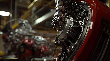 Fototapeta premium Robotic Arm Assembling Components in High-Tech Manufacturing Facility