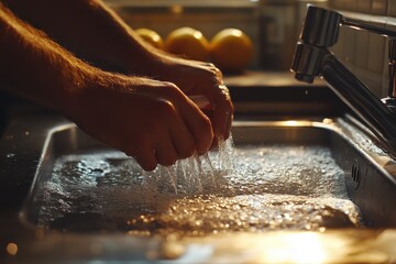 Close-up of hands washing under running water in a stainless steel sink. Illustrates cleanliness, hygiene, and daily routines.