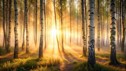 Golden Sunrise Illuminating a Misty Birch Forest Path