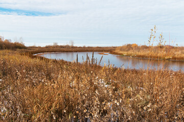 The first ice of autumn. Autumn landscape with melting snow on the shore with dry grass at the beginning of winter. The surface of the lake is covered with thin ice, reflecting the blue, frosty sky.