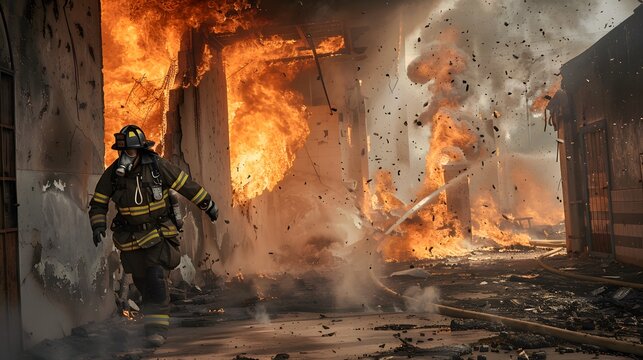 Brave Firefighter Battling Intense Blaze in Ruined Building
