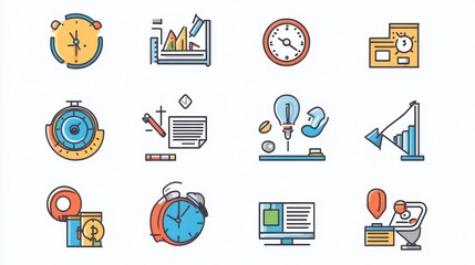 Entrepreneurial hustle icons symbolizing persistence and dedication with visuals of clocks, workspaces, and inspirational elements.