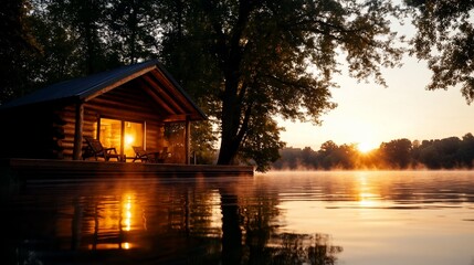 Obraz premium Tranquil lakeside cabin at sunset.