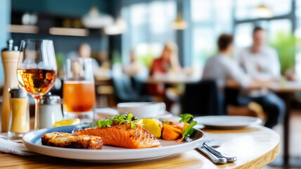 beautifully styled plate of gourmet salmon with vegetables and drinks