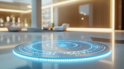 A glowing circular hologram platform in a luxurious interior, portraying innovation, ideal for technology advertisements.
