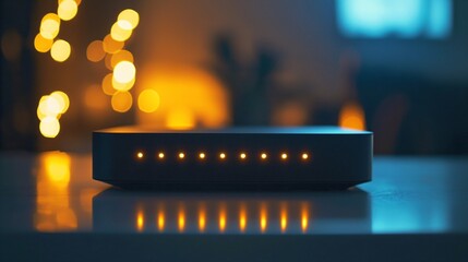 Modern router device with blinking LED lights on clean desk, symbolizing network security and connectivity, with copy space for text or design elements.