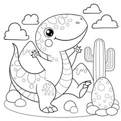 A cheerful dinosaur with an egg against a landscape background. Black and white line drawing. Isolated on a white background. For children's design of coloring books, prints, posters, cards, stickers,