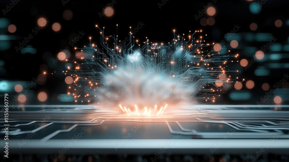 Poster dynamic explosion of data with glowing circuits and abstract patterns