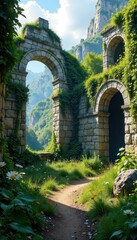 Fototapeta premium Ancient ruin with overgrown vegetation and crumbling stone architecture , decay, ruin