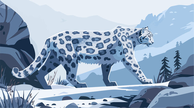 Snow Leopard Walking on Rock in Flat Background