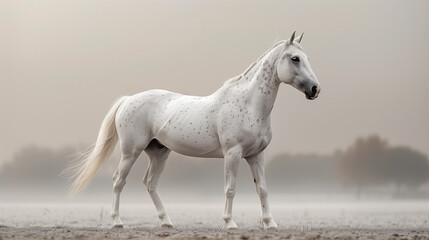 Fototapeta premium Stunning white horse walking gracefully in a foggy meadow, symbolizing purity, beauty, and freedom in a serene natural setting.