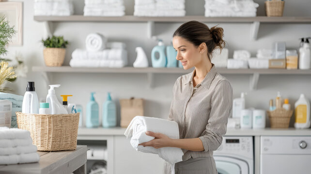 woman folding towels in bright, organized laundry room, showcasing tidy space