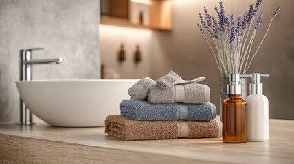 Freshly washed towels and elegant toiletries in serene bathroom setting
