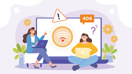 An illustration depicting connectivity issues and Error 404 troubleshooting, featuring a user encountering an 