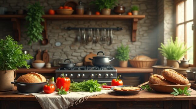Rustic Farmhouse Kitchen Chefs Table with Fresh Vegetables