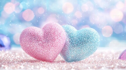 Obraz premium Sparkling Pink Blue Hearts Glitter Background Romantic Love