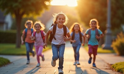 Obraz premium group of children runs with backpacks under warm golden sunlight, symbolizing happiness, education, and carefree childhood moments. Perfect for back-to-school visuals