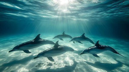 Majestic Dolphins Swimming Underwater in the Ocean Sunlight