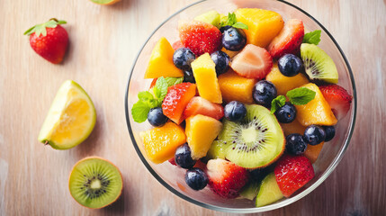 Fresh colorful fruit salad in a clear glass bowl on wooden table