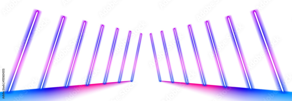 Poster fluorescent ultraviolet lights and colored laser lines form a geometric tunnel on a transparent whit