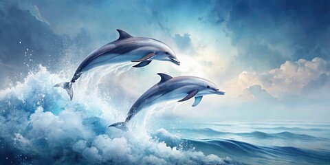 Fototapeta premium Two dolphins leap playfully above ocean waves, a breathtaking spectacle of nature's aquatic acrobats under a vibrant sky.