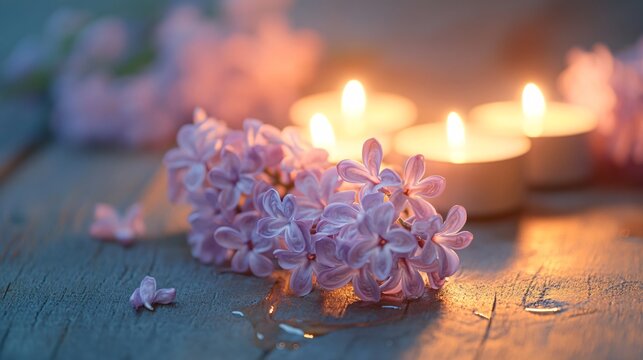 Close up of lilac flowers illuminated by candlelight, placed on a rustic wooden surface with melted wax drips nearby