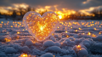 Fototapeta premium Illuminated Ice Heart in Snowy Sunset Landscape