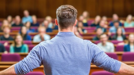 Fototapeta premium Speaker addressing large audience conference seminar presentation education training lecture back