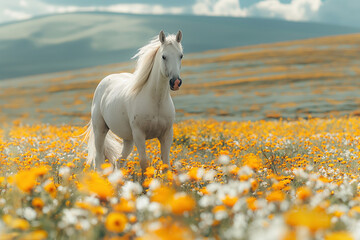Cheerful white horse grazing in a sunny meadow filled with yellow flowers, showcasing a serene and idyllic rural landscape.