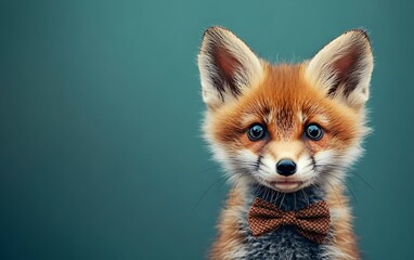 Obraz premium Adorable red fox kit wearing a bow tie against a teal background.