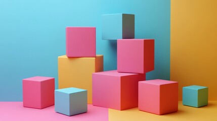 Obraz premium Pastel Cubes Abstract Composition: A Playful Arrangement of Colorful Blocks Against a Vibrant Background