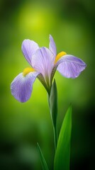 A single purple flower with a yellow center on a green background