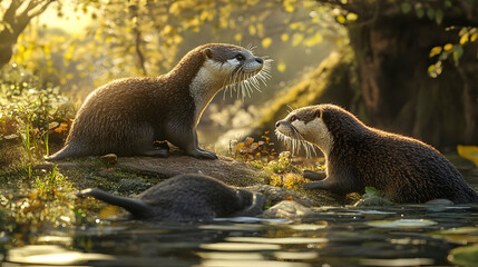 Obraz premium Otters in the Golden Hour: Wildlife Photography