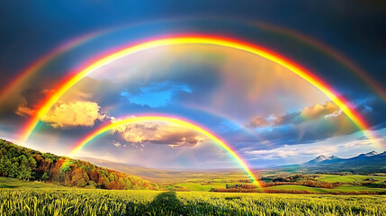 Obraz premium Double Rainbow over Majestic Landscape