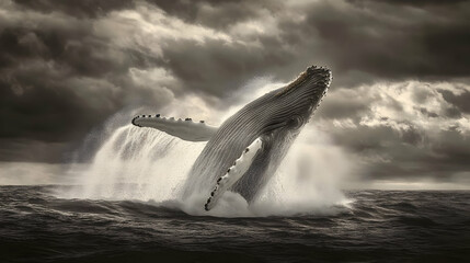Fototapeta premium Majestic Humpback Whale Breaching in Dramatic Ocean Scene