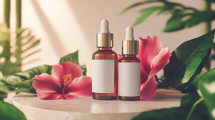 Serum dropper bottles mock up with blank label, Beauty products container surrounded by Hibiscus flower, Hibiscus extract serum