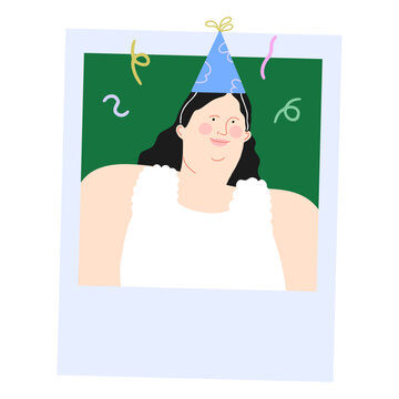 Woman in a polaroid photo wearing a Cone Hat. Celebration Vector Illustration. 