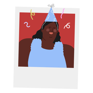 Woman in a polaroid photo wearing a Cone Hat. Celebration Vector Illustration. 