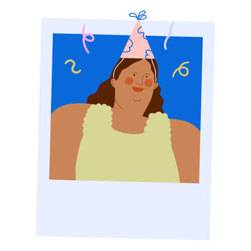 Woman in a polaroid photo wearing a Cone Hat. Celebration Vector Illustration. 