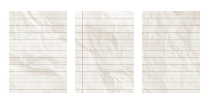 Lined paper sheets. Blank crumpled pages of a school notebook. Background paper texture